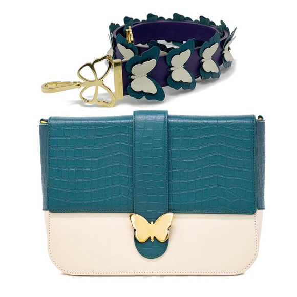 Elizabeth Sutton Leather Bag Multicolor Cream & Forest with 3D Butterfly Strap - Picture 1 of 15